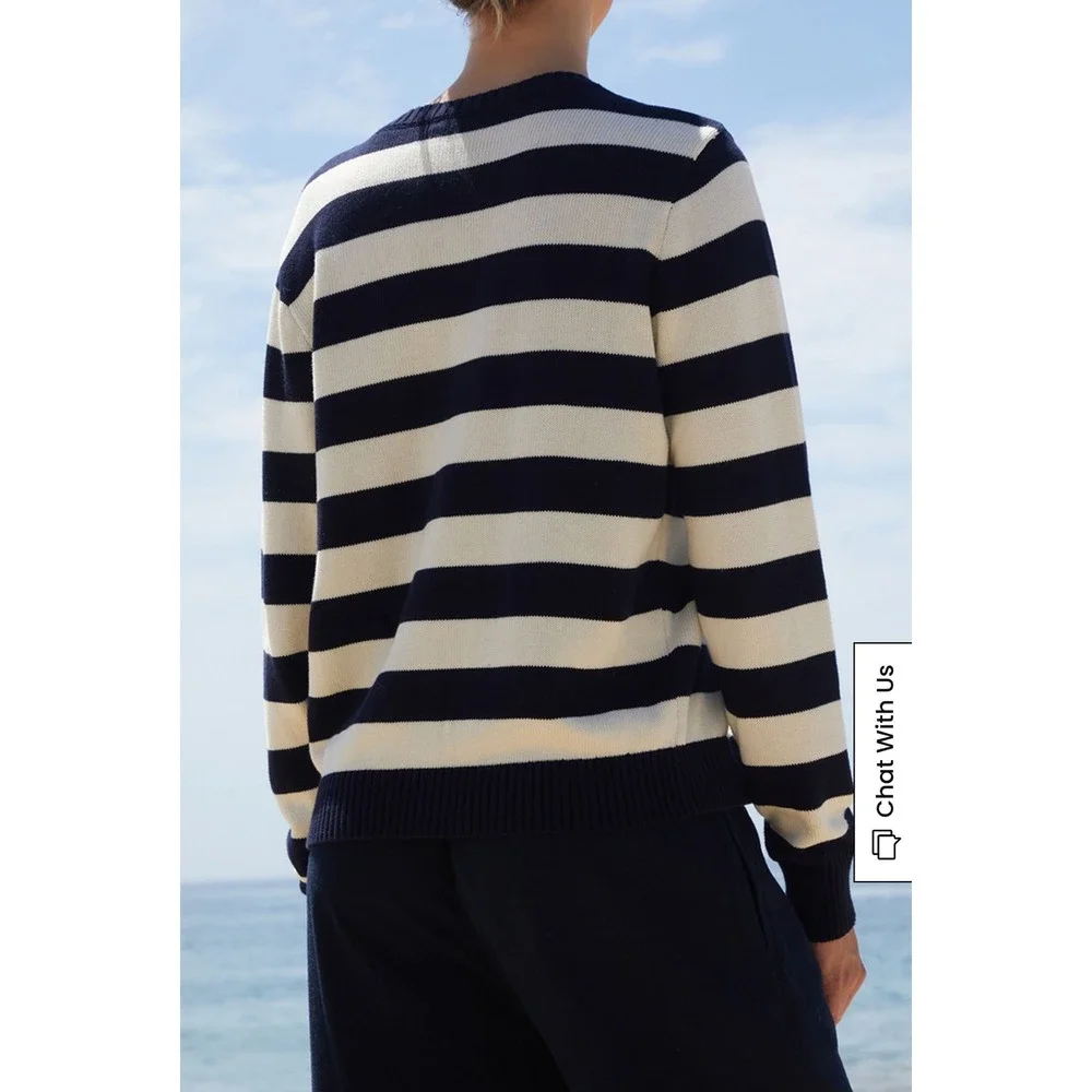 John Galt Stripe Amalie Button Front Cardigan Cotton Nautical Navy Blue Cream OS